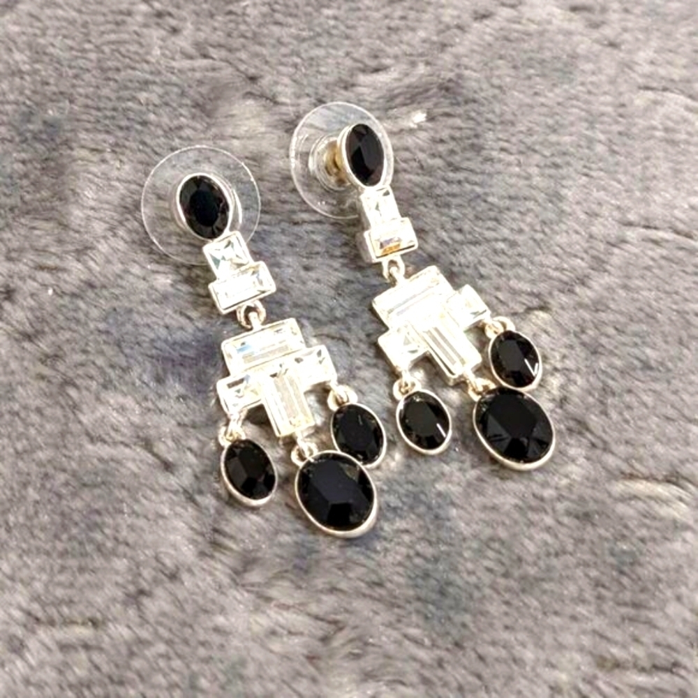 Vintage 90's Black & Clear Rhinestone Pierced Dangle Earrings - Picture 3 of 10